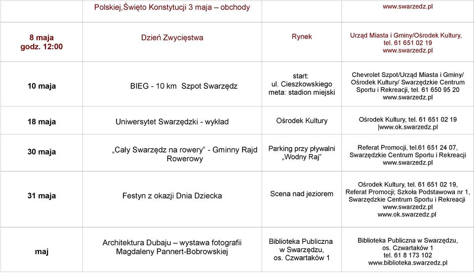 Kultury, 30 maja Cały Swarzędz na rowery - Gminny Rajd Rowerowy Parking przy pływalni Wodny Raj Referat Promocji, tel.