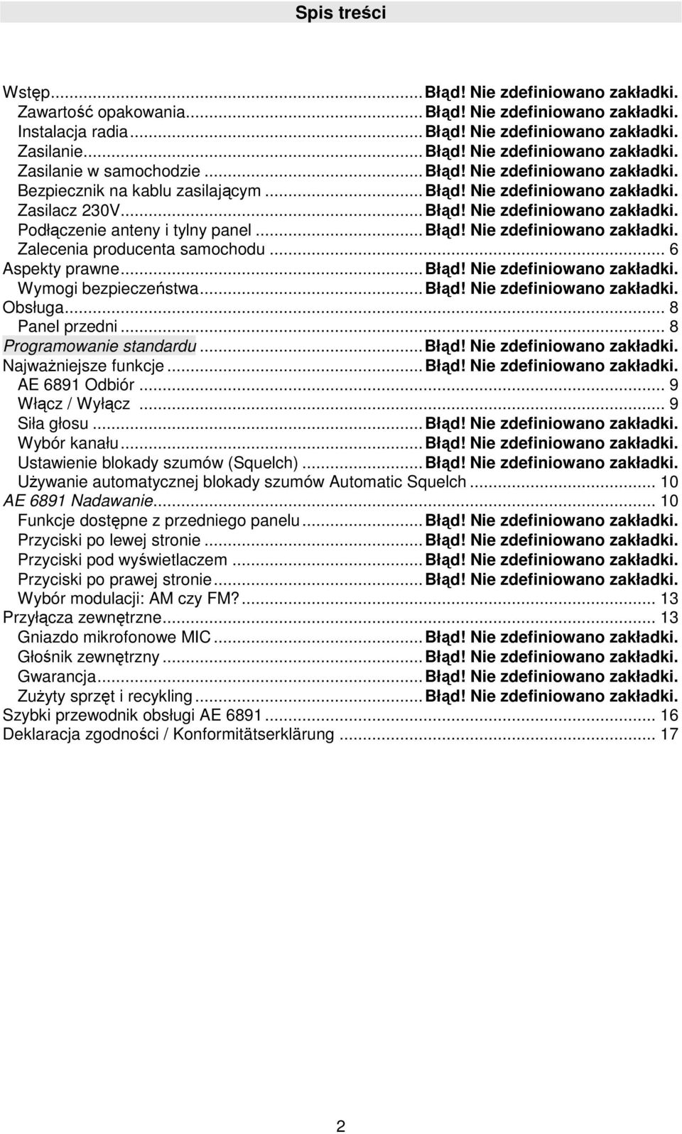 .. 6 Aspekty prawne... Błąd! Nie zdefiniowano zakładki. Wymogi bezpieczeństwa... Błąd! Nie zdefiniowano zakładki. Obsługa... 8 Panel przedni... 8 Programowanie standardu... Błąd! Nie zdefiniowano zakładki. Najważniejsze funkcje.