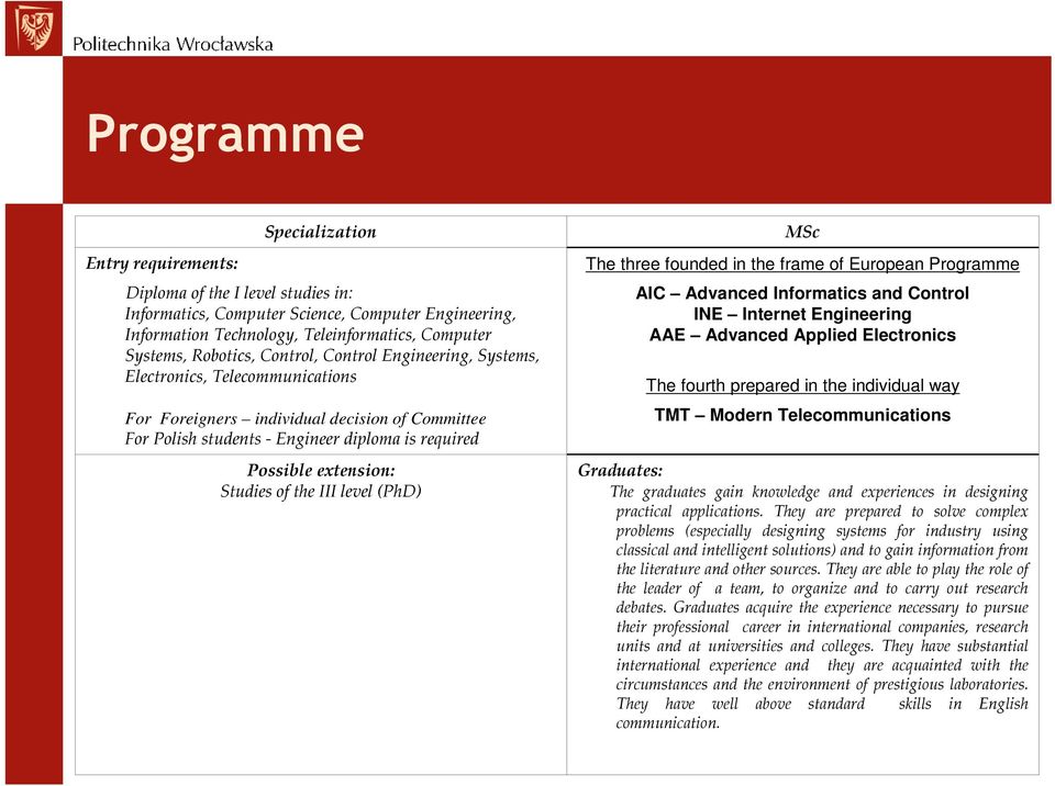 Studies of the III level (PhD) MSc The three founded in the frame of European Programme AIC Advanced Informatics and Control INE Internet Engineering AAE Advanced Applied Electronics The fourth