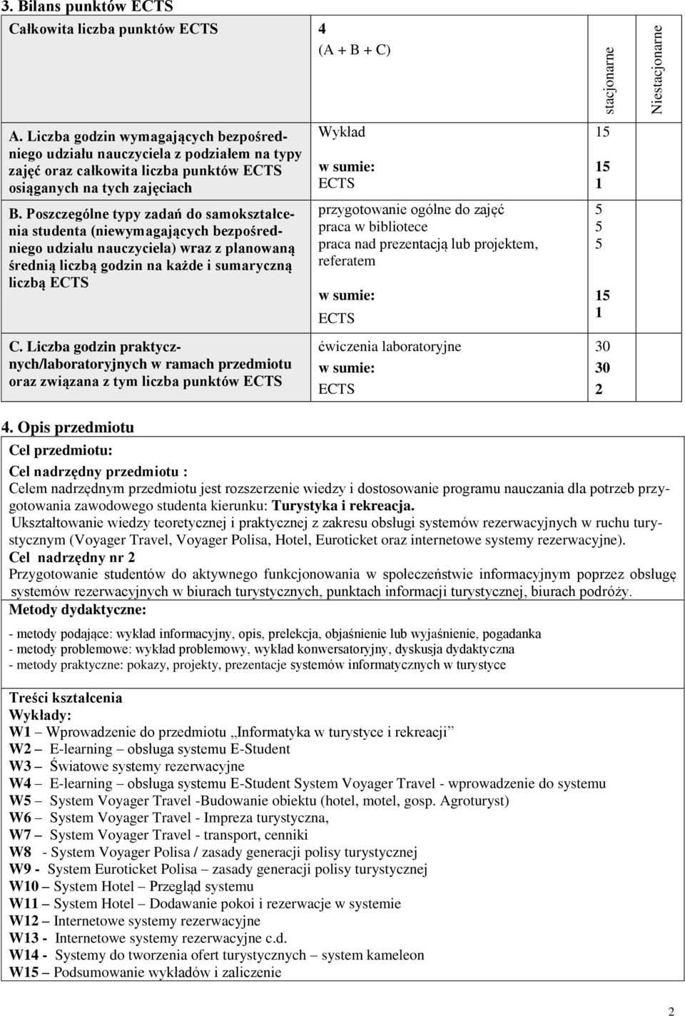 Poszczególne typy zadań do samokształcenia studenta (niewymagających bezpośredniego udziału nauczyciela) wraz z planowaną średnią liczbą godzin na każde i sumaryczną liczbą ECTS C.