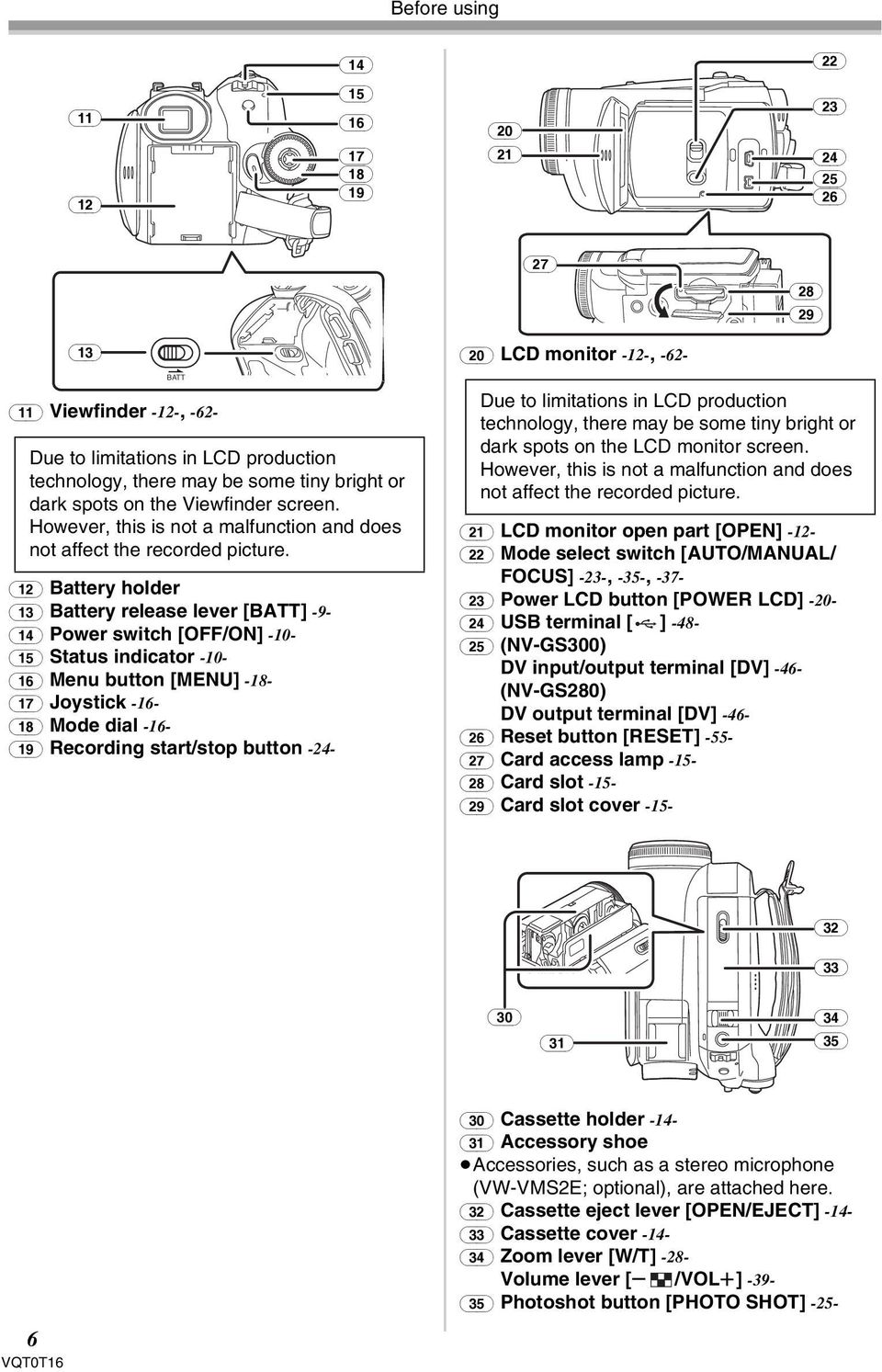 (12) Battery holder (13) Battery release lever [BATT] -9- (14) Power switch [OFF/ON] -10- (15) Status indicator -10- (16) Menu button [MENU] -18- (17) Joystick -16- (18) Mode dial -16- (19) Recording