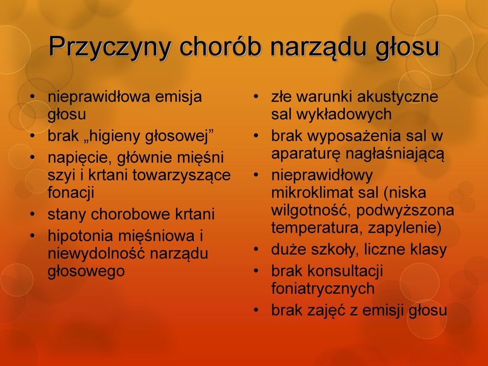 akustyczne sal wykładowych brak wyposażenia sal w aparaturę nagłaśniającą nieprawidłowy mikroklimat sal (niska