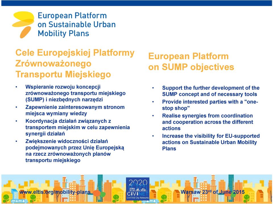 na rzecz zrównoważonych planów transportu miejskiego European Platform on SUMP objectives Support the further development of the SUMP concept and of necessary tools Provide interested