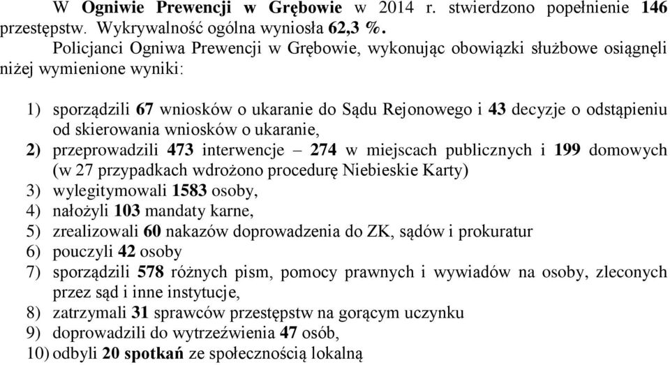 skierowania wniosków o ukaranie, 2) przeprowadzili 473 interwencje 274 w miejscach publicznych i 199 domowych (w 27 przypadkach wdrożono procedurę Niebieskie Karty) 3) wylegitymowali 1583 osoby, 4)