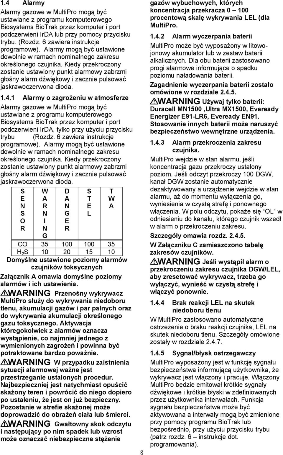 Kiedy przekroczony zostanie ustawiony punkt alarmowy zabrzmi głośny alarm dźwiękowy i zacznie pulsować jaskrawoczerwona dioda. 1.4.