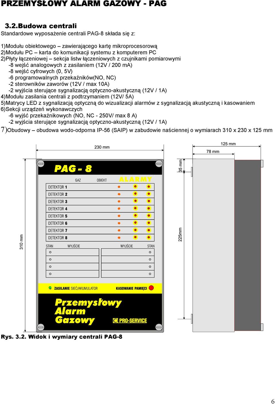 zaworów (12V / max 10A) -2 wyjścia sterujące sygnalizacją optyczno-akustyczną (12V / 1A) 4)Modułu zasilania centrali z podtrzymaniem (12V/ 5A) 5)Matrycy LED z sygnalizacją optyczną do wizualizacji