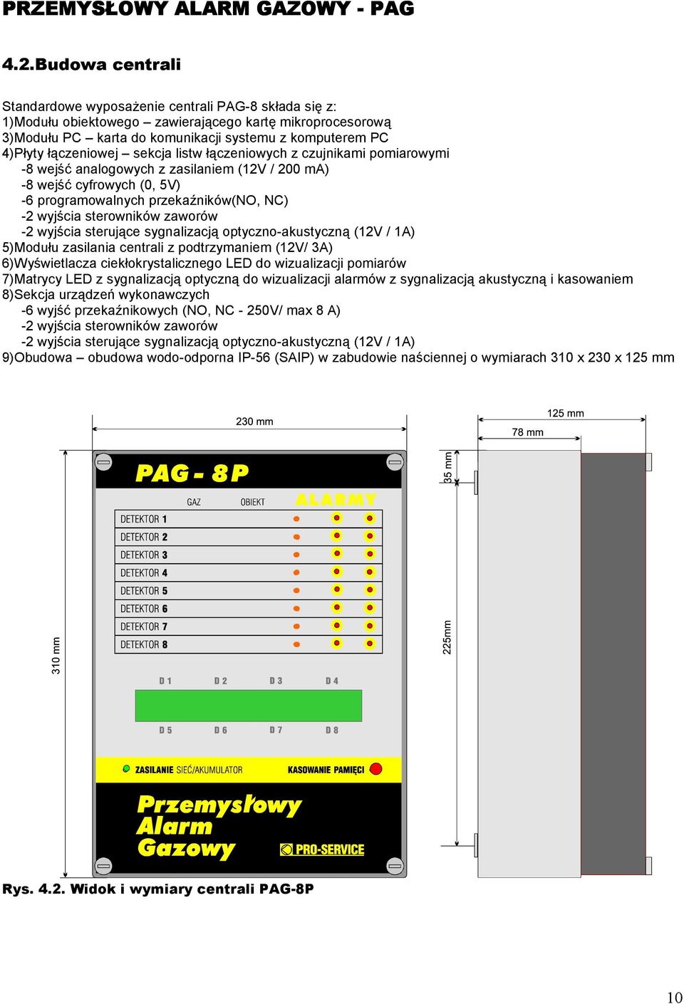 sterowników zaworów -2 wyjścia sterujące sygnalizacją optyczno-akustyczną (12V / 1A) 5)Modułu zasilania centrali z podtrzymaniem (12V/ 3A) 6)Wyświetlacza ciekłokrystalicznego LED do wizualizacji