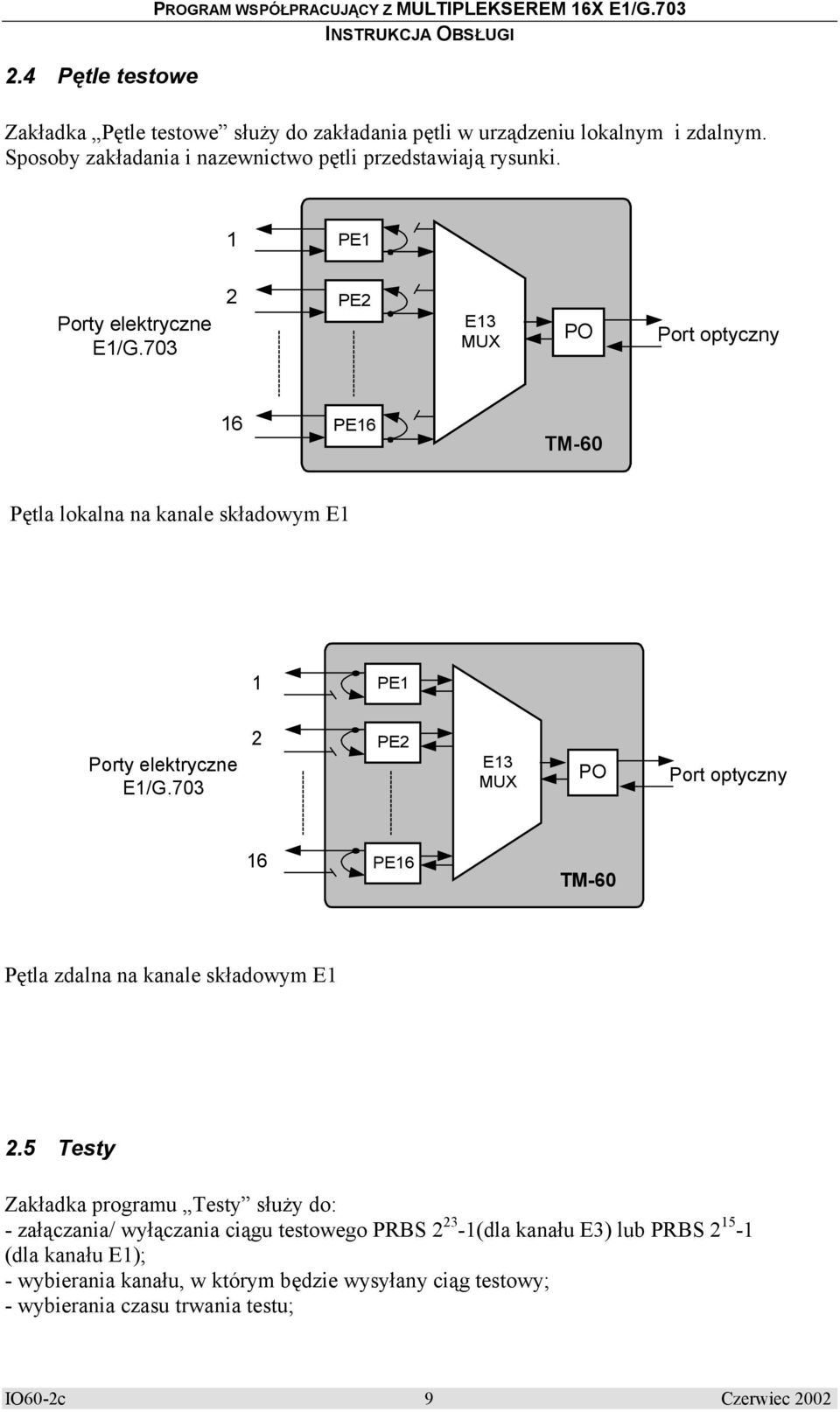 703 2 PE2 E13 MUX PO Port optyczny 16 PE16 TM-60 Pętla lokalna na kanale składowym E1 1 PE1 Porty elektryczne E1/G.