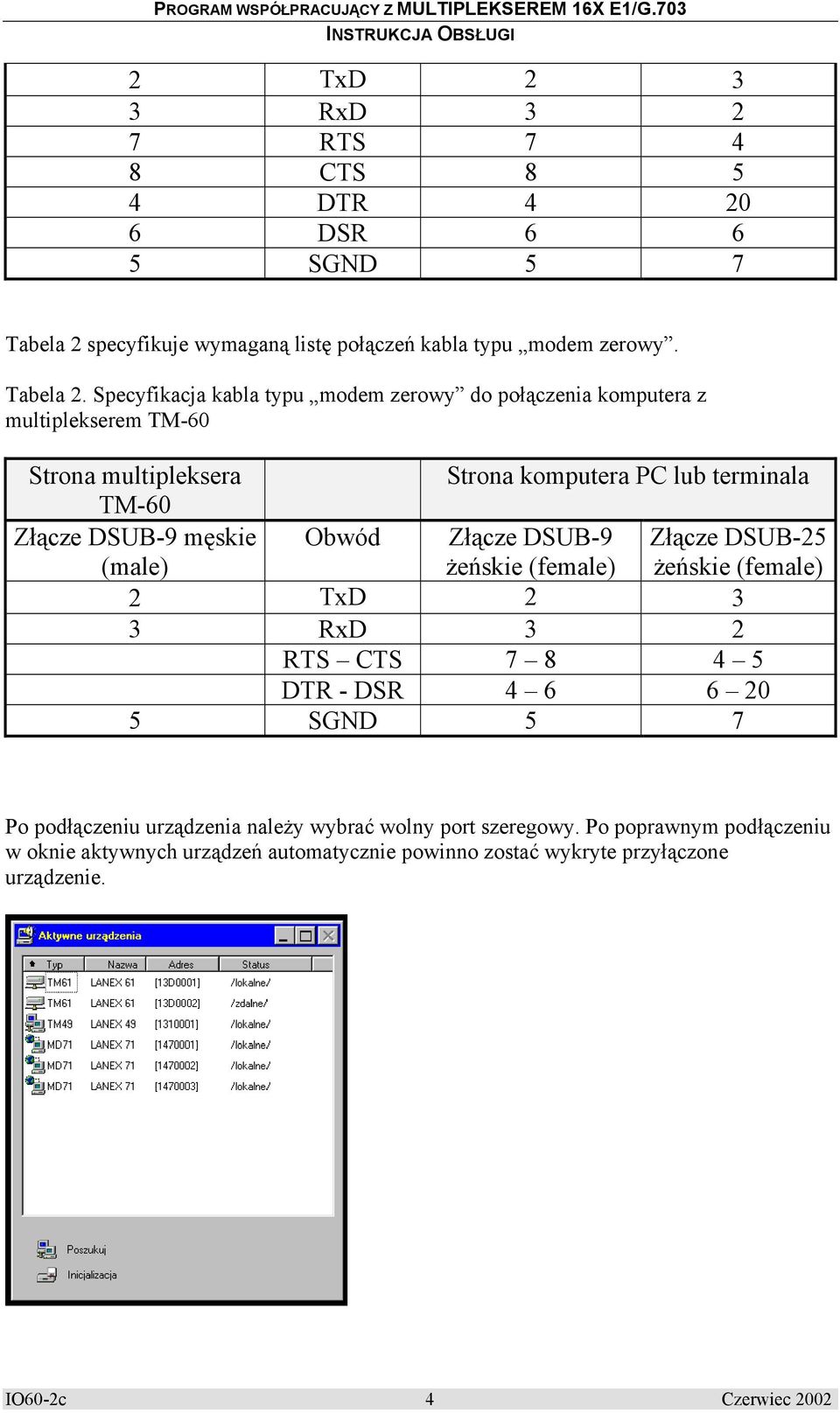 Specyfikacja kabla typu modem zerowy do połączenia komputera z multiplekserem TM-60 Strona multipleksera TM-60 Złącze DSUB-9 męskie (male) Strona komputera PC lub