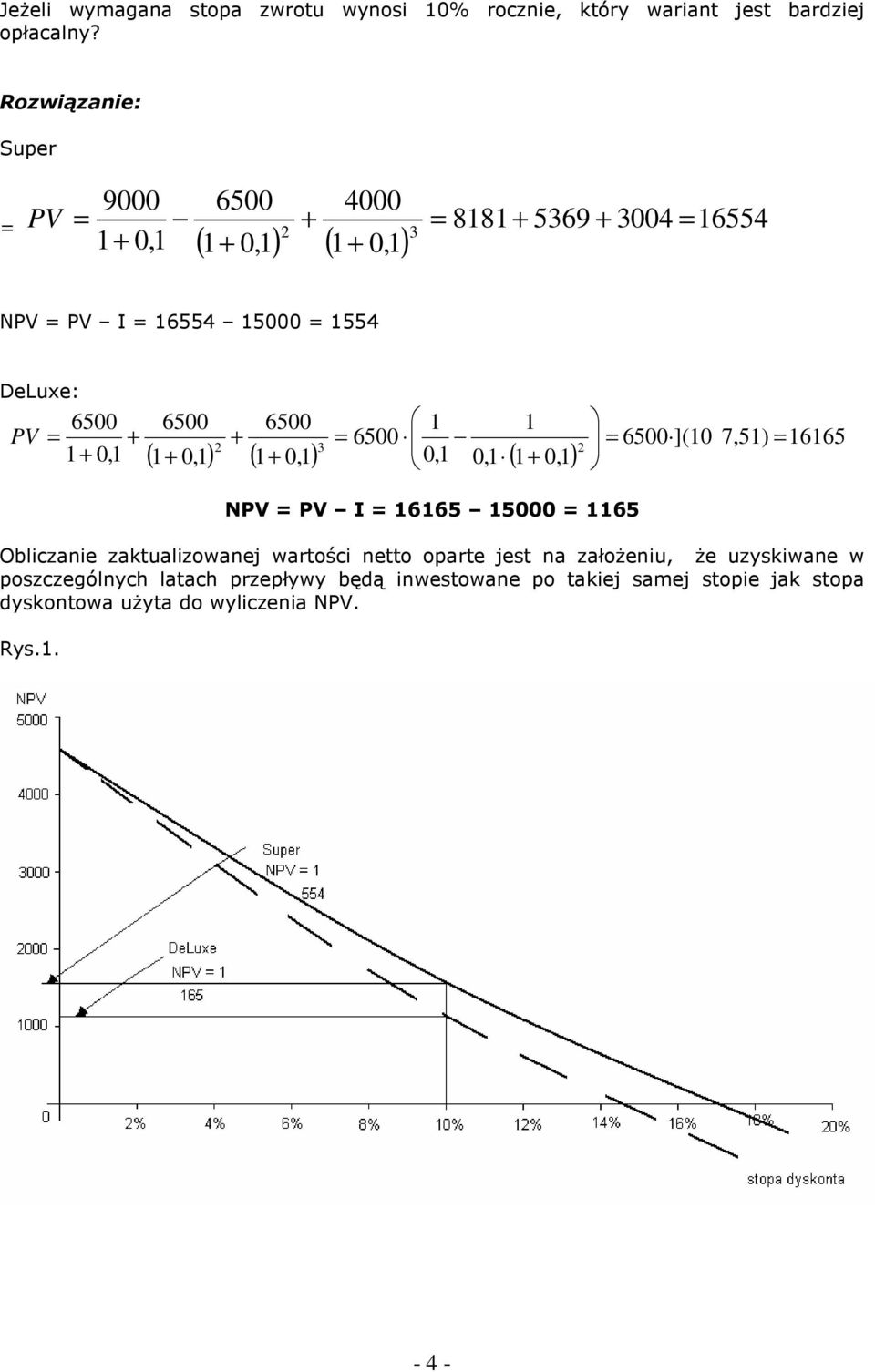 PV = + 1+ 0,1 6500 6500 1 1 + = 6500 = 6500 ](10 7,51) = 16165 2 2 3 ( 1+ 0,1) ( 1+ 0,1) 0,1 0,1 ( 1+ 0,1) NPV = PV I = 16165 15000 = 1165