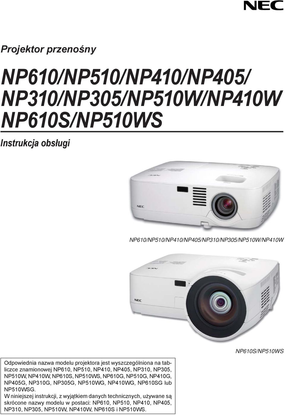 NP410, NP405, NP310, NP305, NP510W, NP410W, NP610S, NP510WS, NP610G, NP510G, NP410G, NP405G, NP310G, NP305G, NP510WG, NP410WG, NP610SG lub NP510WSG.