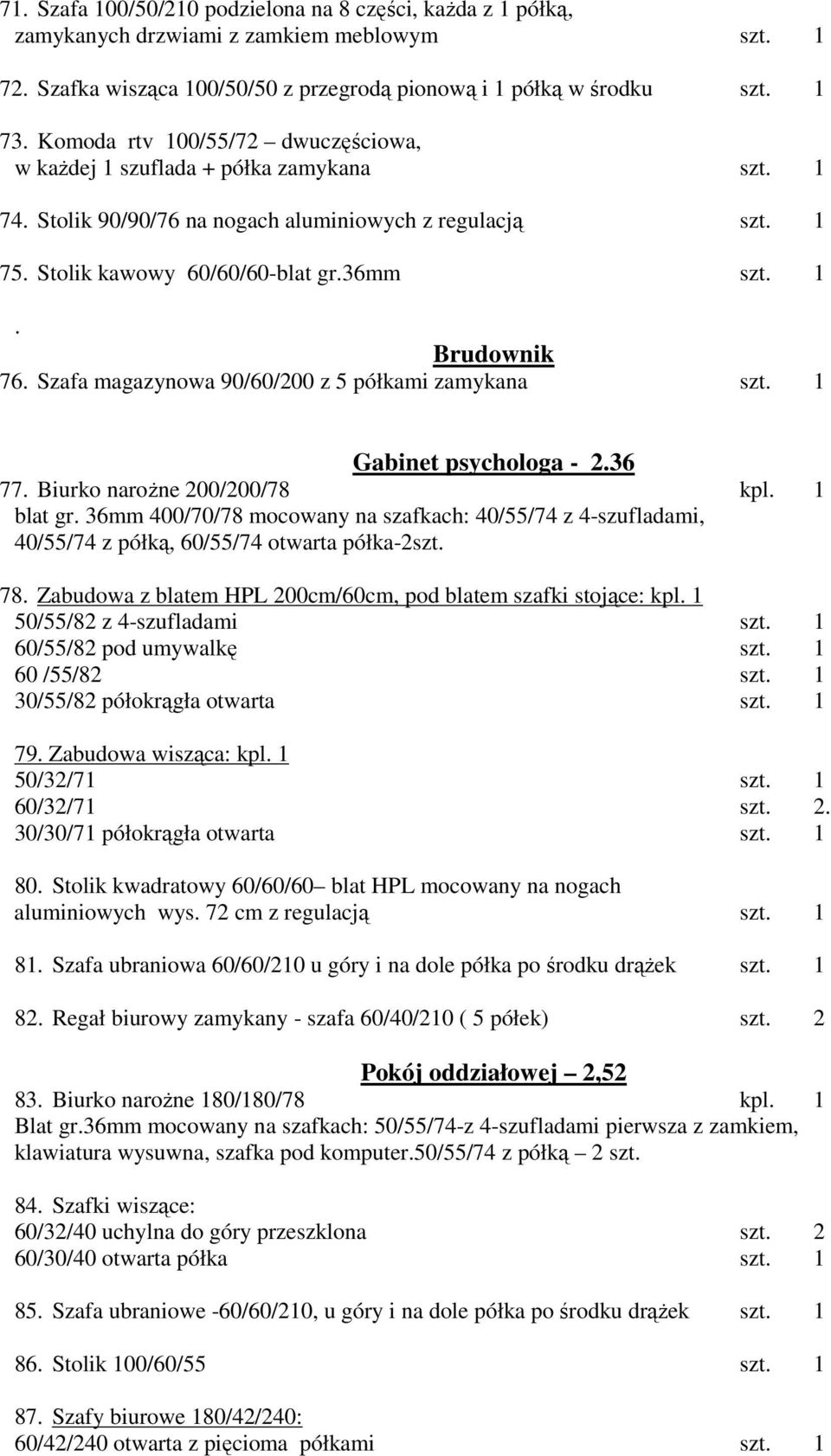 Szafa magazynowa 90/60/200 z 5 półkami zamykana szt. 1 Gabinet psychologa - 2.36 77. Biurko naroŝne 200/200/78 kpl. 1 blat gr.
