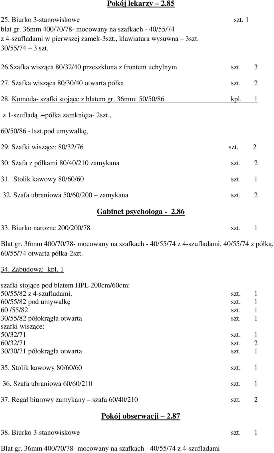 +półka zamknięta- 2szt., 60/50/86-1szt.pod umywalkę, 29. Szafki wiszące: 80/32/76 szt. 2 30. Szafa z półkami 80/40/210 zamykana szt. 2 31. Stolik kawowy 80/60/60 szt. 1 32.