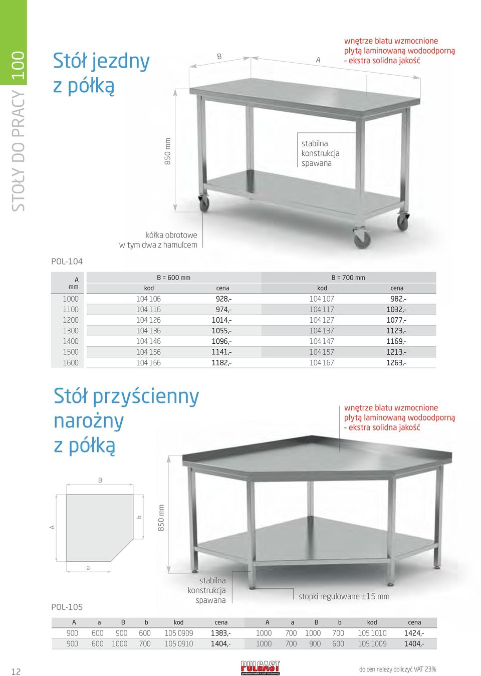 157 104 167 982, 1032, 1077, 1123, 1169, 1213, 1263, Stół przyścienny narożny z półką wnętrze blatu wzmocnione płytą laminowaną wodoodporną ekstra solidna jakość b