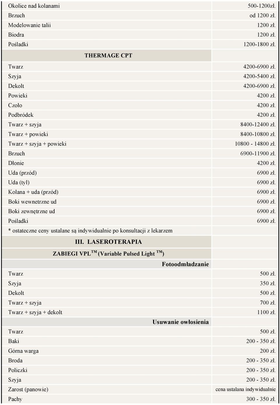 Pośladki * ostateczne ceny ustalane są indywidualnie po konsultacji z lekarzem III.