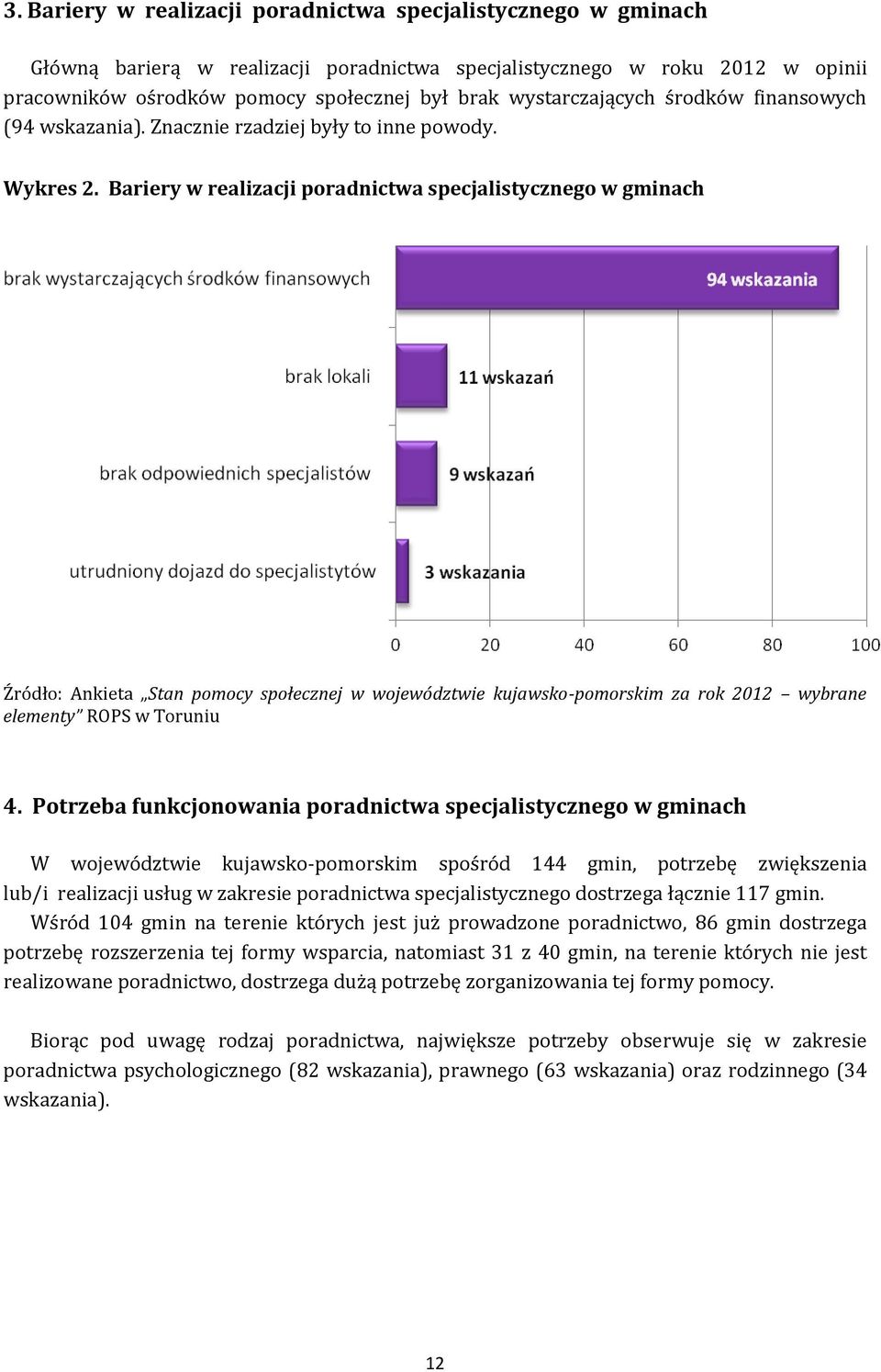 Bariery w realizacji poradnictwa specjalistycznego w gminach Źródło: Ankieta Stan pomocy społecznej w województwie kujawsko-pomorskim za rok 2012 wybrane elementy ROPS w Toruniu 4.