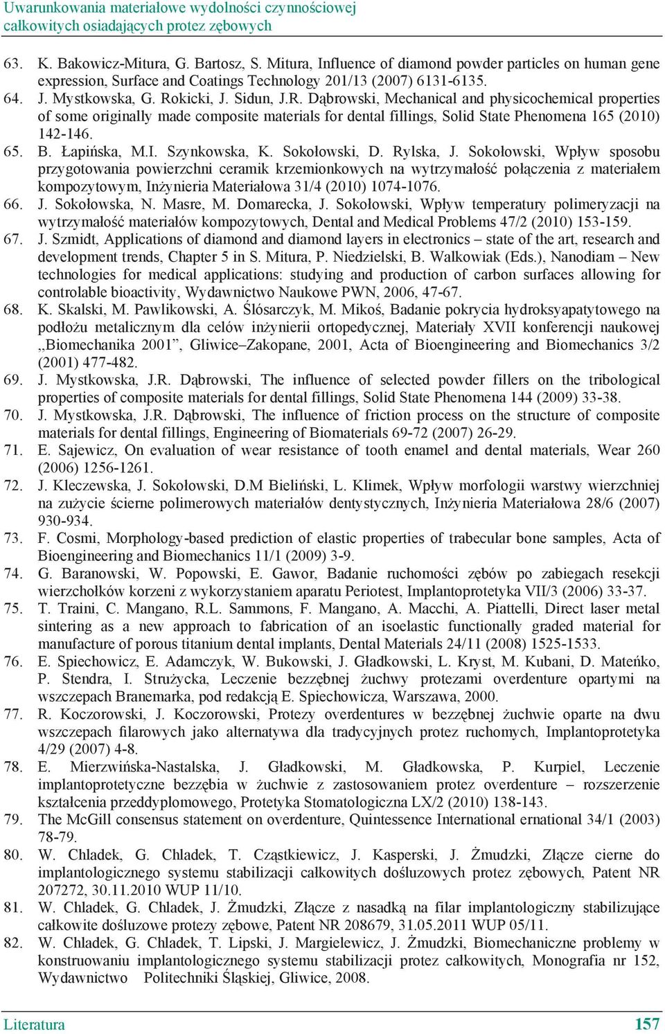 kicki, J. Sidun, J.R. D browski, Mechanical and physicochemical properties of some originally made composite materials for dental fillings, Solid State Phenomena 165 (2010) 142-146. 65. B. api ska, M.