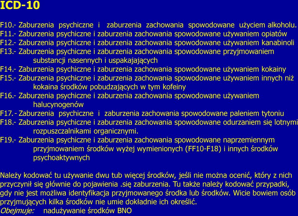 - Zaburzenia psychiczne i zaburzenia zachowania spowodowane przyjmowaniem substancji nasennych i uspakajających F14.- Zaburzenia psychiczne i zaburzenia zachowania spowodowane używaniem kokainy F15.