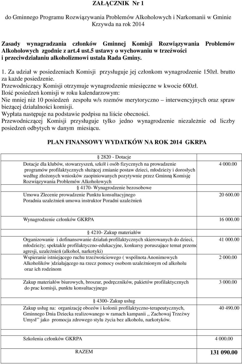 brutto za każde posiedzenie. Przewodniczący Komisji otrzymuje wynagrodzenie miesięczne w kwocie 600zł.