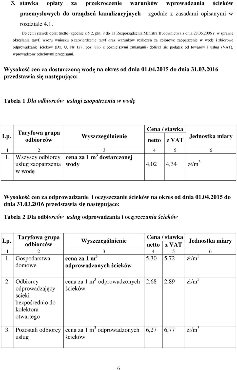 w sprawie określania taryf, wzoru wniosku o zatwierdzenie taryf oraz warunków rozliczeń za zbiorowe zaopatrzenie w wodę i zbiorowe odprowadzanie ścieków (Dz. U. Nr 127, poz.