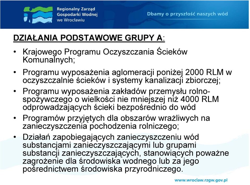 bezpośrednio do wód Programów przyjętych dla obszarów wrażliwych na zanieczyszczenia pochodzenia rolniczego; Działań zapobiegających zanieczyszczeniu wód