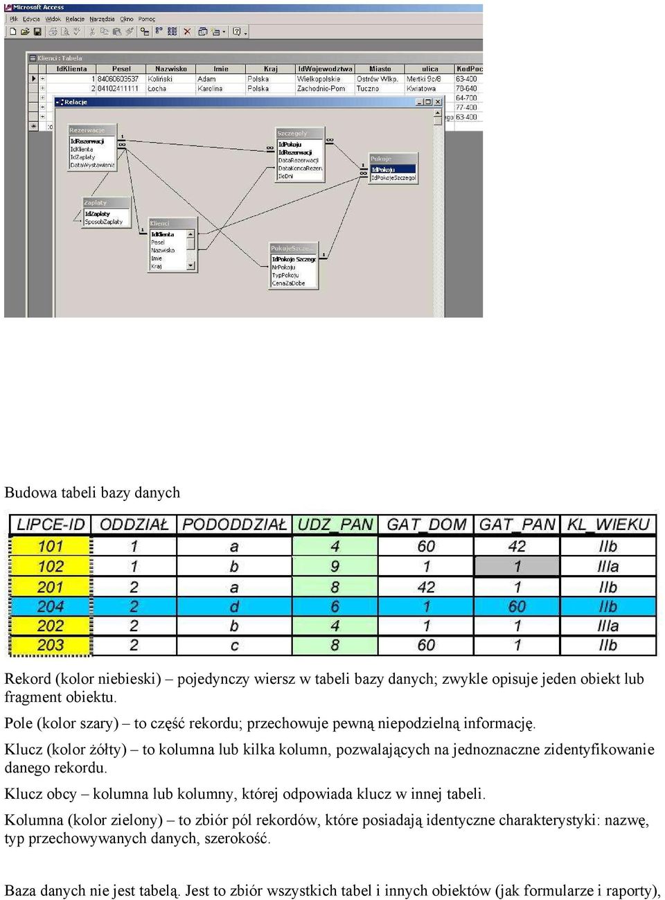Klucz (kolor żółty) to kolumna lub kilka kolumn, pozwalających na jednoznaczne zidentyfikowanie danego rekordu.