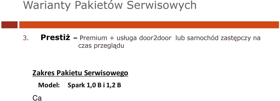 przeglądu Zakres Pakietu Serwisowego Model: Spark 1,0 B i 1,2 B Cały