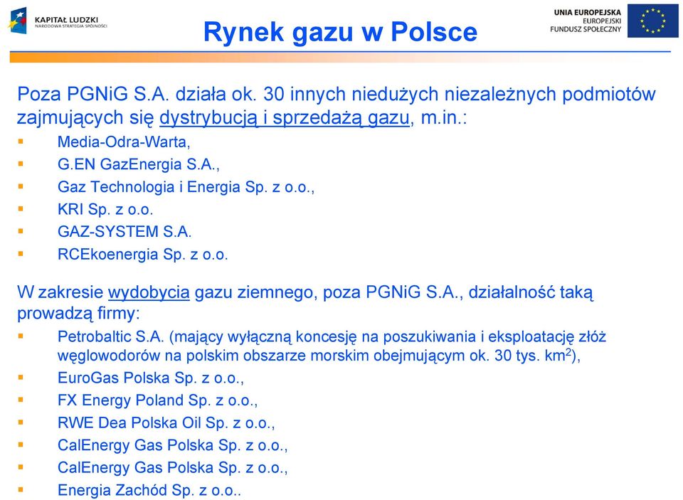 A. (mający wyłączną koncesję na poszukiwania i eksploatację złóż węglowodorów na polskim obszarze morskim obejmującym ok. 30 tys. km 2 ), EuroGas Polska Sp. z o.o., FX Energy Poland Sp.