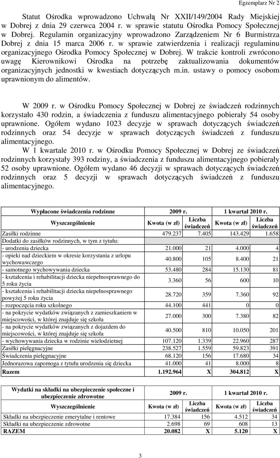 W trakcie kontroli zwrócono uwagę Kierownikowi Ośrodka na potrzebę zaktualizowania dokumentów organizacyjnych jednostki w kwestiach dotyczących m.in. ustawy o pomocy osobom uprawnionym do alimentów.