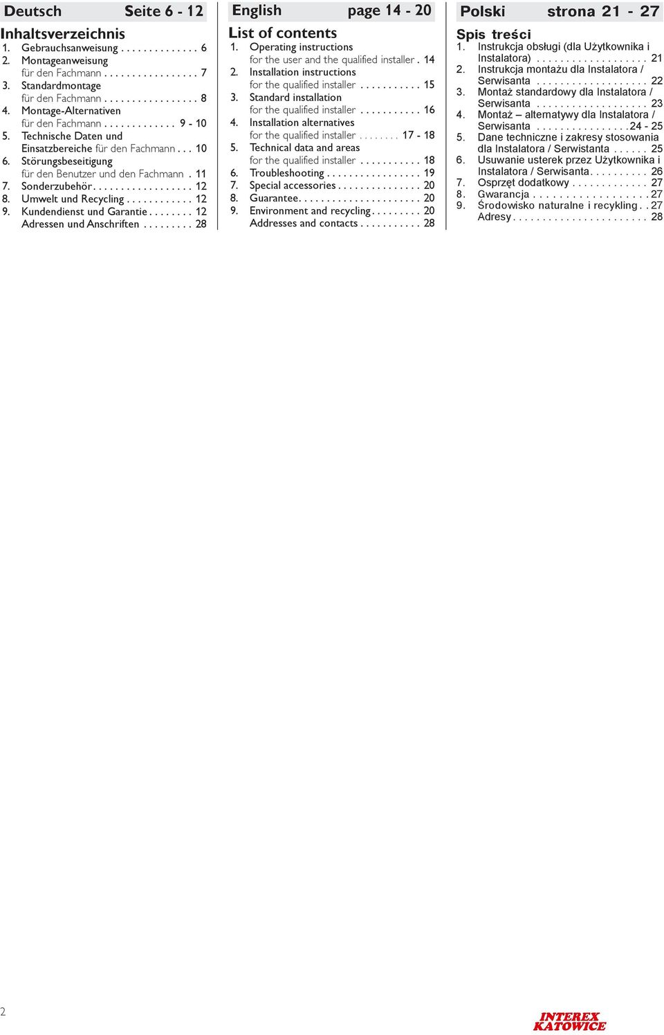 Umwelt und Reyling............ 12 9. Kundendienst und Grntie........ 12 Adressen und Anshriften......... 28 English pge 14-20 List of ontents 1.