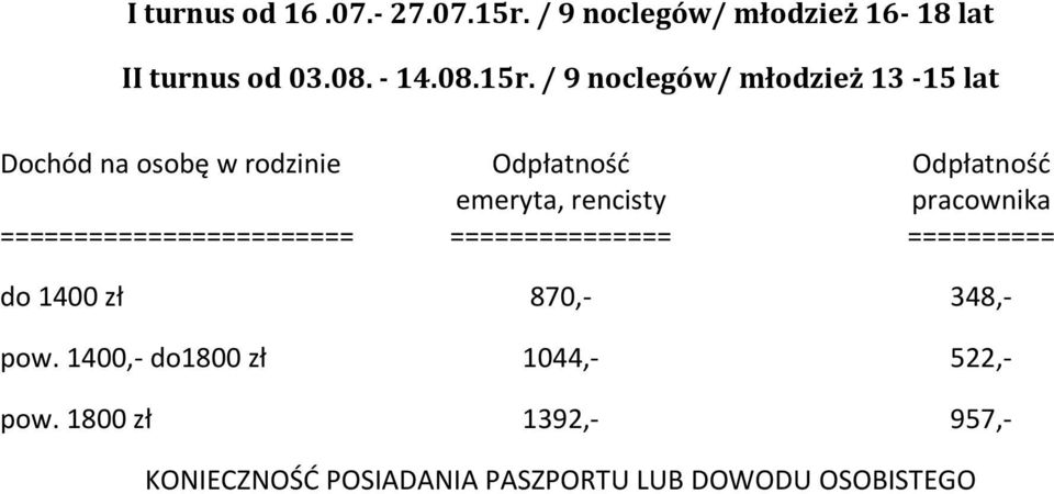 / 9 noclegów/ młodzież 13-15 lat do 1400 zł 870,- 348,- pow.