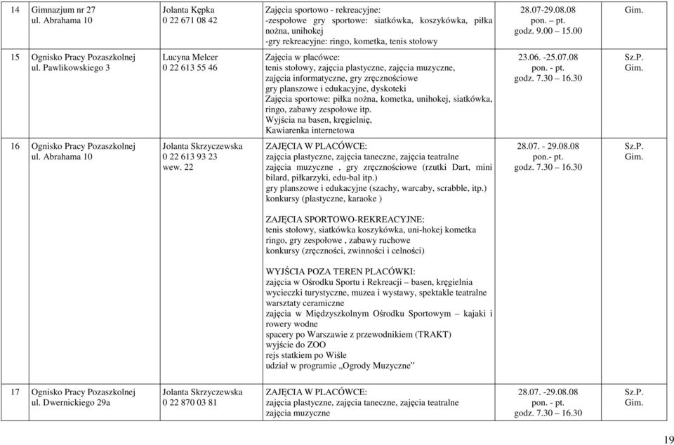 08.08 pon. pt. godz. 9.00 15.00 Gim. 15 Ognisko Pracy Pozaszkolnej ul.