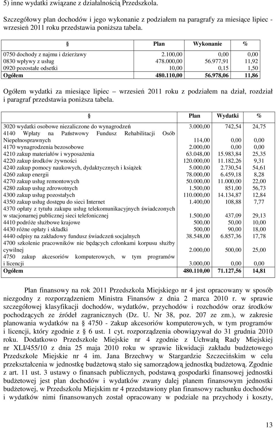 978,06 11,86 Ogółem wydatki za miesiące lipiec wrzesień 2011 roku z podziałem na dział, rozdział i paragraf przedstawia poniższa tabela.