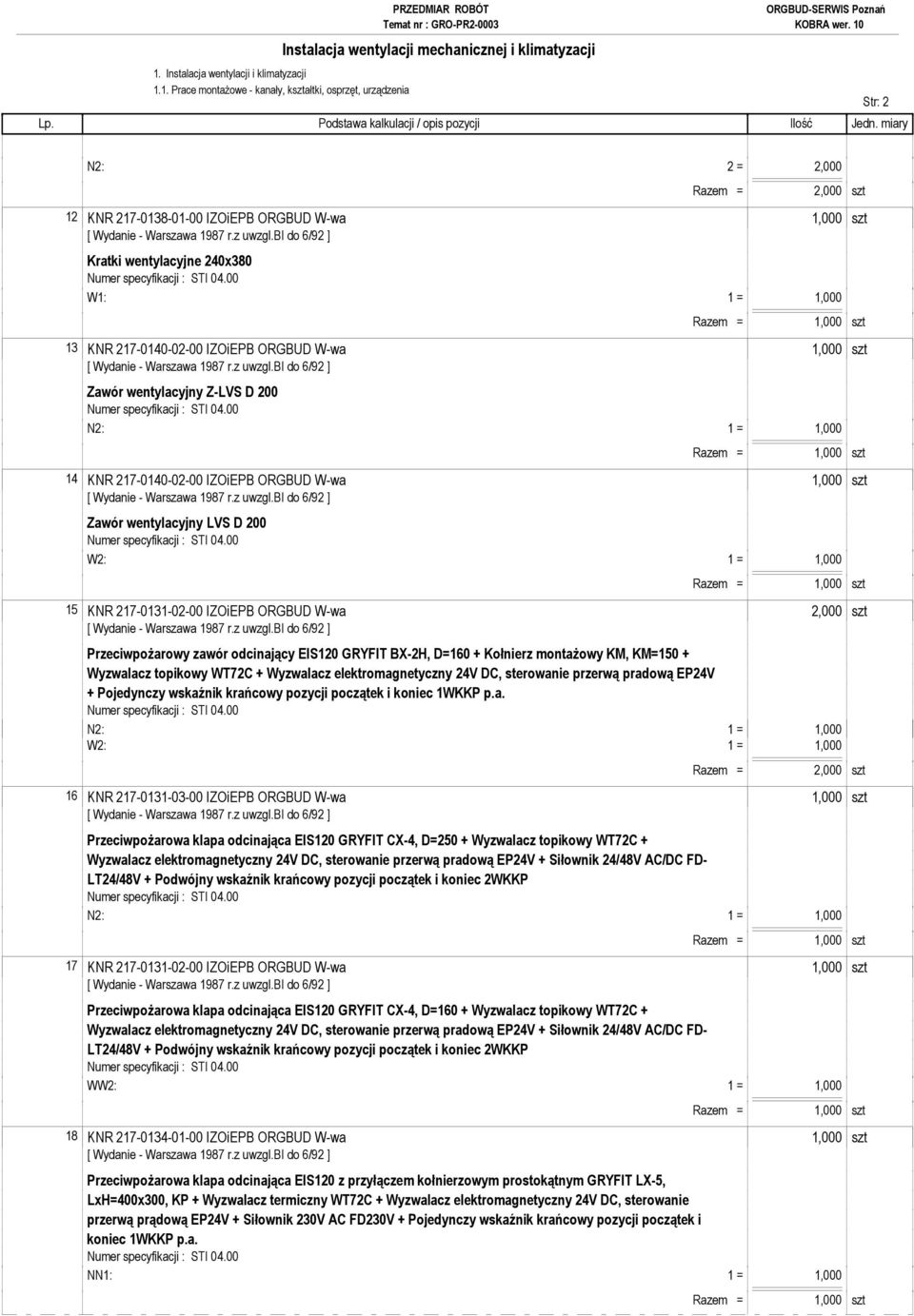 217-0131-02-00 IZOiEPB ORGBUD W-wa 2,000 szt Przeciwpożarowy zawór odcinający EIS120 GRYFIT BX-2H, D=160 + Kołnierz montażowy KM, KM=150 + Wyzwalacz topikowy WT72C + Wyzwalacz elektromagnetyczny 24V