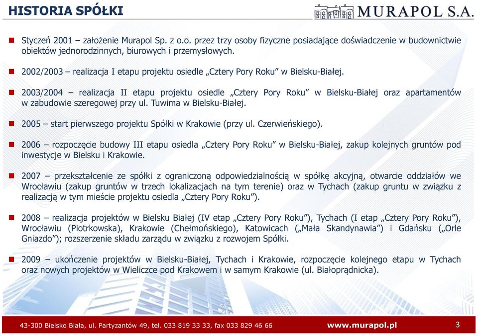 2003/2004 realizacja II etapu projektu osiedle Cztery Pory Roku w Bielsku-Białej oraz apartamentów w zabudowie szeregowej przy ul. Tuwima w Bielsku-Białej.