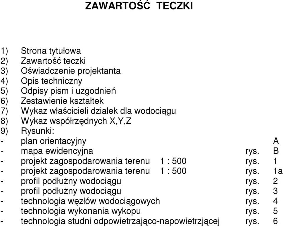 B - projekt zagospodarowania terenu 1 : 500 rys. 1 - projekt zagospodarowania terenu 1 : 500 rys. 1a - profil podłużny wodociągu rys.