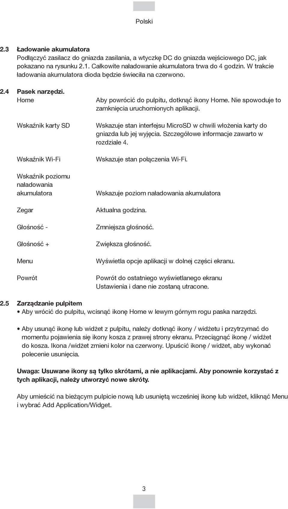 Home Wskaźnik karty SD Wskaźnik Wi-Fi Wskaźnik poziomu naładowania akumulatora Zegar Głośność - Głośność + Menu Powrót Aby powrócić do pulpitu, dotknąć ikony Home.