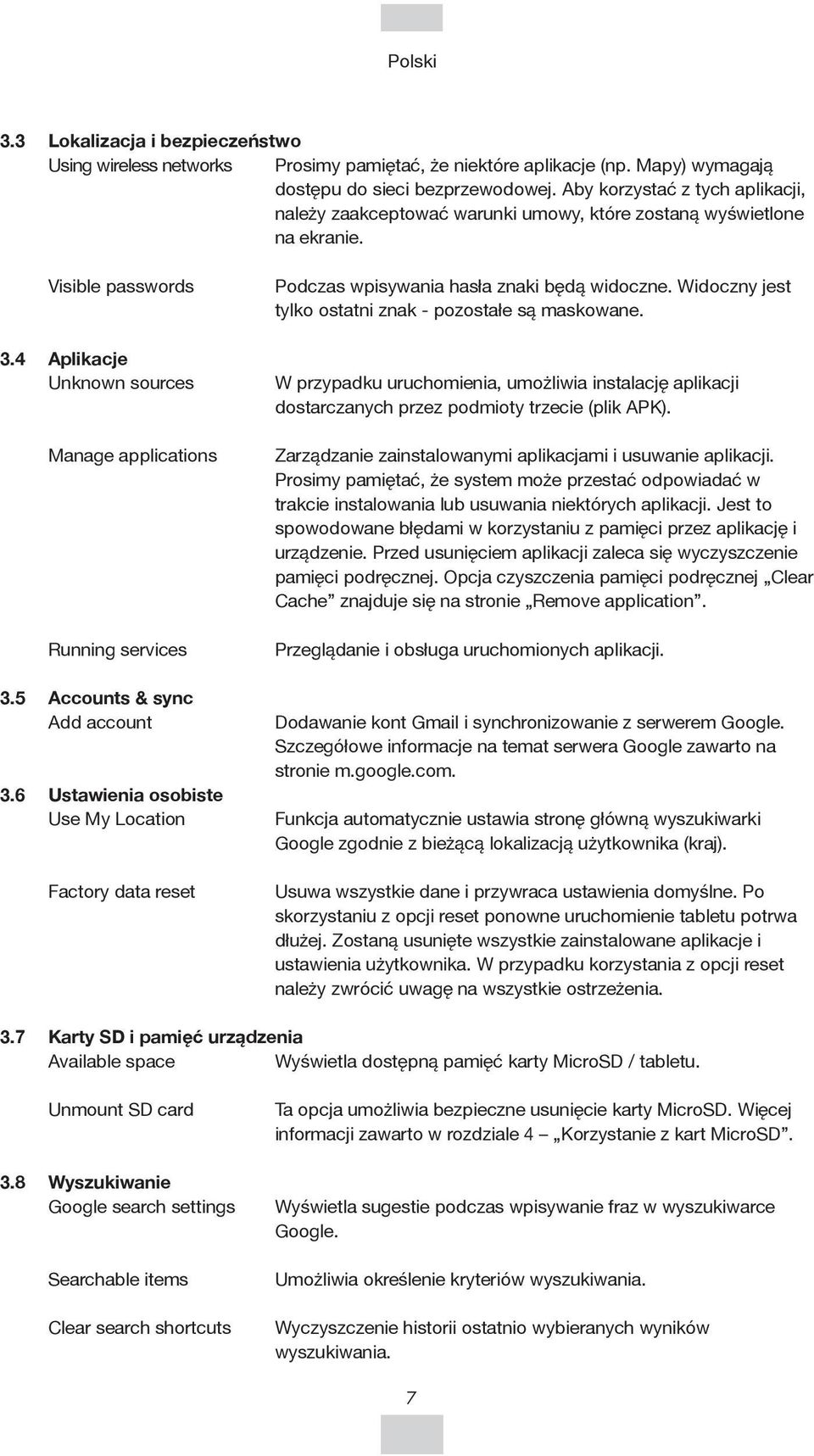 5 Accounts & sync Add account 3.6 Ustawienia osobiste Use My Location Factory data reset Podczas wpisywania hasła znaki będą widoczne. Widoczny jest tylko ostatni znak - pozostałe są maskowane.