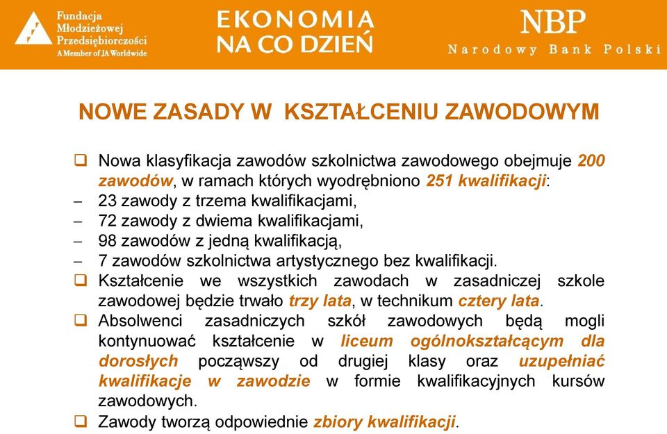 Kształcenie we wszystkich zawodach w zasadniczej szkole zawodowej będzie trwało trzy lata, w technikum cztery lata.