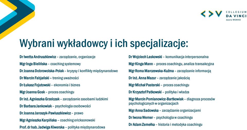 Agnieszka Grzelczak zarządzanie zasobami ludzkimi Dr Barbara Jankowiak psychologia osobowości Dr Joanna Jaroszyk-Pawluszkiewicz prawo Mgr Agnieszka Karpińska coaching ericksonowski Prof. dr hab.