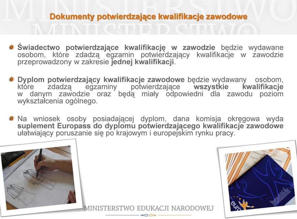 Dyplom potwierdzający kwalifikacje zawodowe będzie wydawany osobom, które zdadzą egzaminy potwierdzające wszystkie kwalifikacje w danym zawodzie oraz będą miały