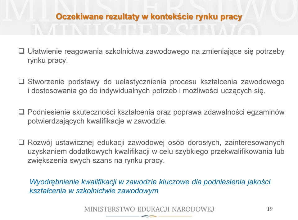 Podniesienie skuteczności kształcenia oraz poprawa zdawalności egzaminów potwierdzających kwalifikacje w zawodzie.