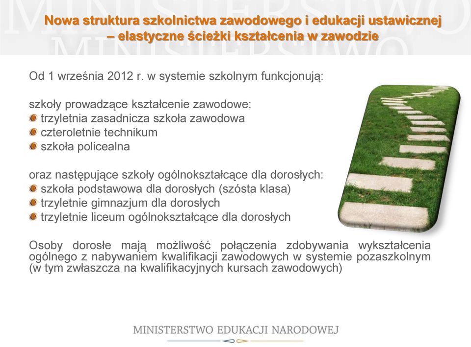 następujące szkoły ogólnokształcące dla dorosłych: szkoła podstawowa dla dorosłych (szósta klasa) trzyletnie gimnazjum dla dorosłych trzyletnie liceum