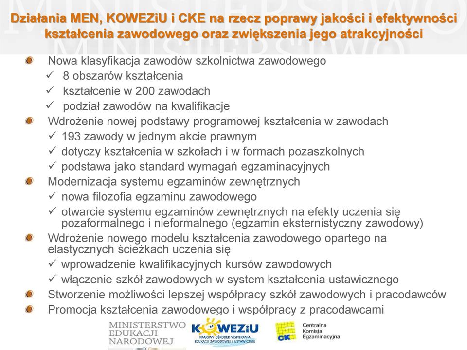 pozaszkolnych podstawa jako standard wymagań egzaminacyjnych Modernizacja systemu egzaminów zewnętrznych nowa filozofia egzaminu zawodowego otwarcie systemu egzaminów zewnętrznych na efekty uczenia