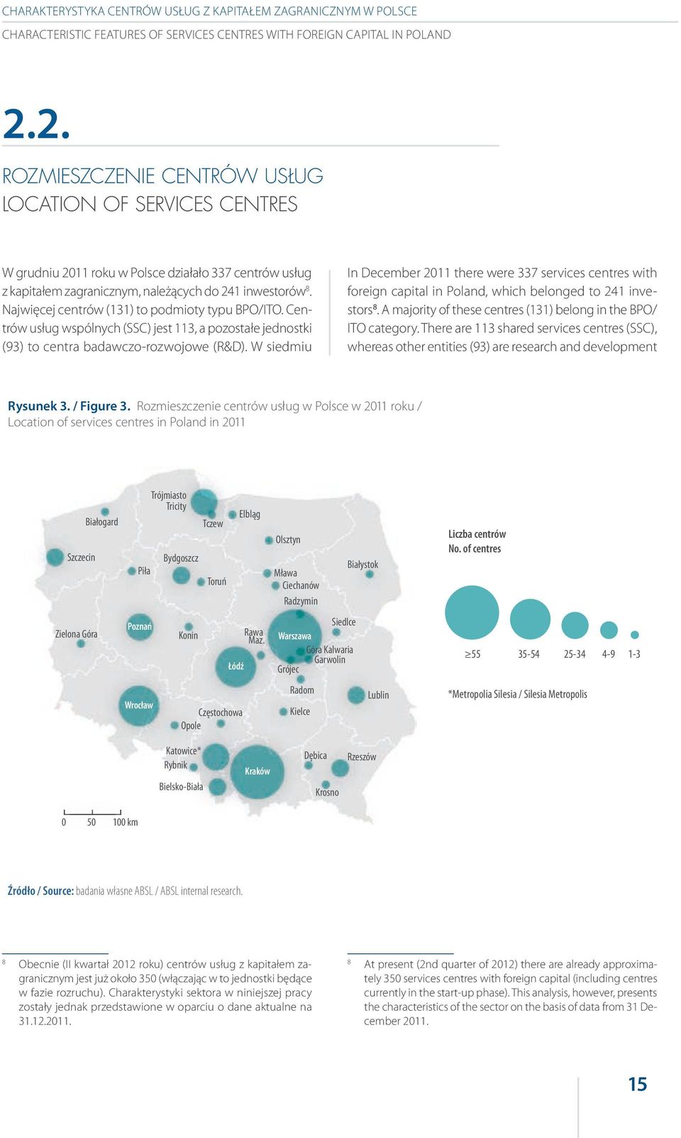 Najwięcej centrów (131) to podmioty typu BPO/ITO. Centrów usług wspólnych (SSC) jest 113, a pozostałe jednostki (93) to centra badawczo-rozwojowe (R&D).