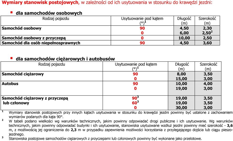( ) 1 (m) Długość Samochód ciężarowy 90 8,00 0 15,00 Autobus 90 10,00 0 19,00 Szerokość (m) 3,50 3,00 4,00 3,00 Samochód ciężarowy z przyczepą lub członowy 1 2 3 90 3 60 3 0 19,00 19,00 30,00 3,50