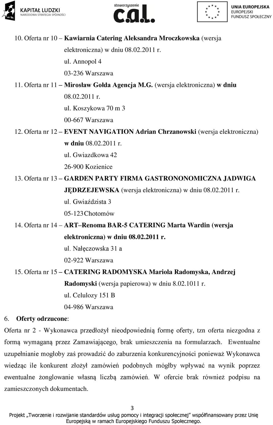 Oferta nr 13 GARDEN PARTY FIRMA GASTRONONOMICZNA JADWIGA JĘDRZEJEWSKA (wersja elektroniczna) w dniu 08.02.2011 r. ul. Gwiaździsta 3 05-123 Chotomów 14.