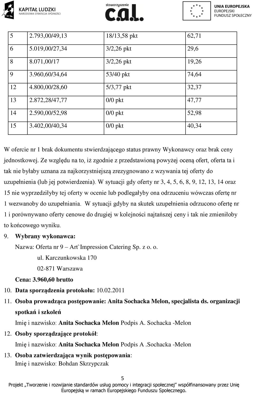 Ze względu na to, iż zgodnie z przedstawioną powyżej oceną ofert, oferta ta i tak nie byłaby uznana za najkorzystniejszą zrezygnowano z wzywania tej oferty do uzupełnienia (lub jej potwierdzenia).