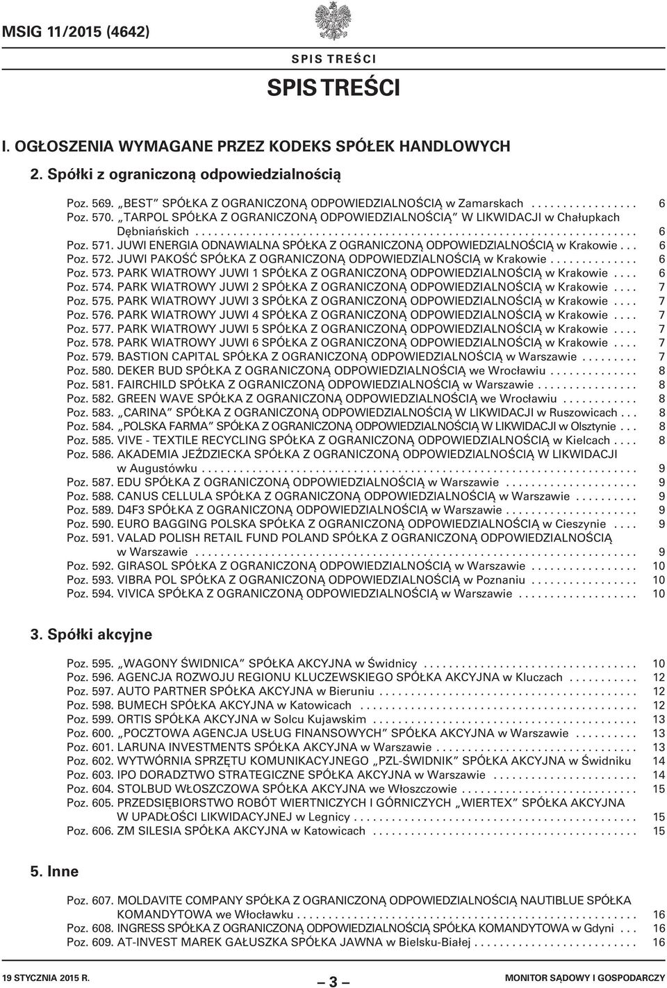 JUWI ENERGIA ODNAWIALNA SPÓŁKA Z OGRANICZONĄ ODPOWIEDZIALNOŚCIĄ w Krakowie... 6 Poz. 572. JUWI PAKOŚĆ SPÓŁKA Z OGRANICZONĄ ODPOWIEDZIALNOŚCIĄ w Krakowie.............. 6 Poz. 573.