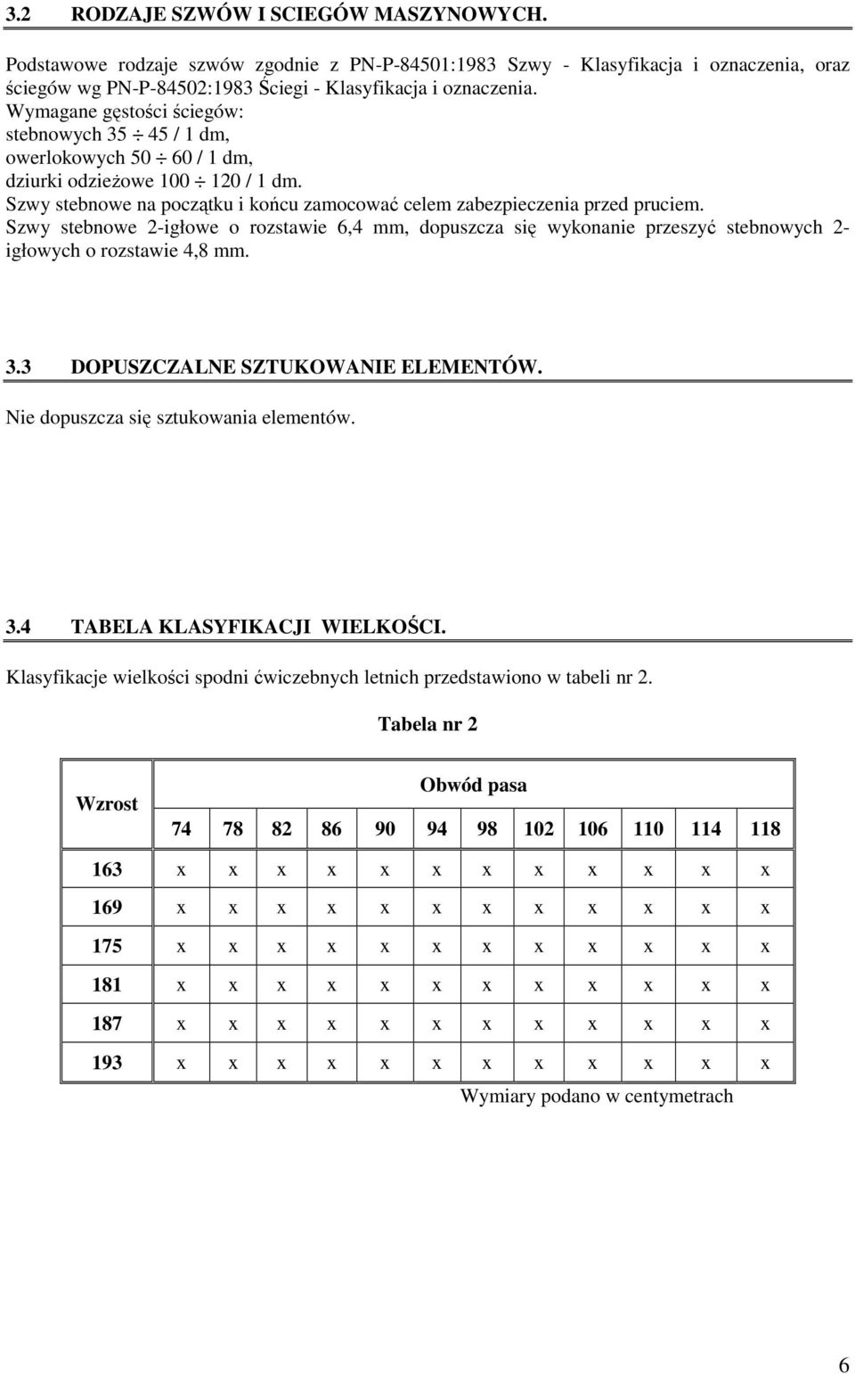 Szwy stebnowe 2-igłowe o rozstawie 6,4 mm, dopuszcza się wykonanie przeszyć stebnowych 2- igłowych o rozstawie 4,8 mm. 3.3 DOPUSZCZALNE SZTUKOWANIE ELEMENTÓW. Nie dopuszcza się sztukowania elementów.